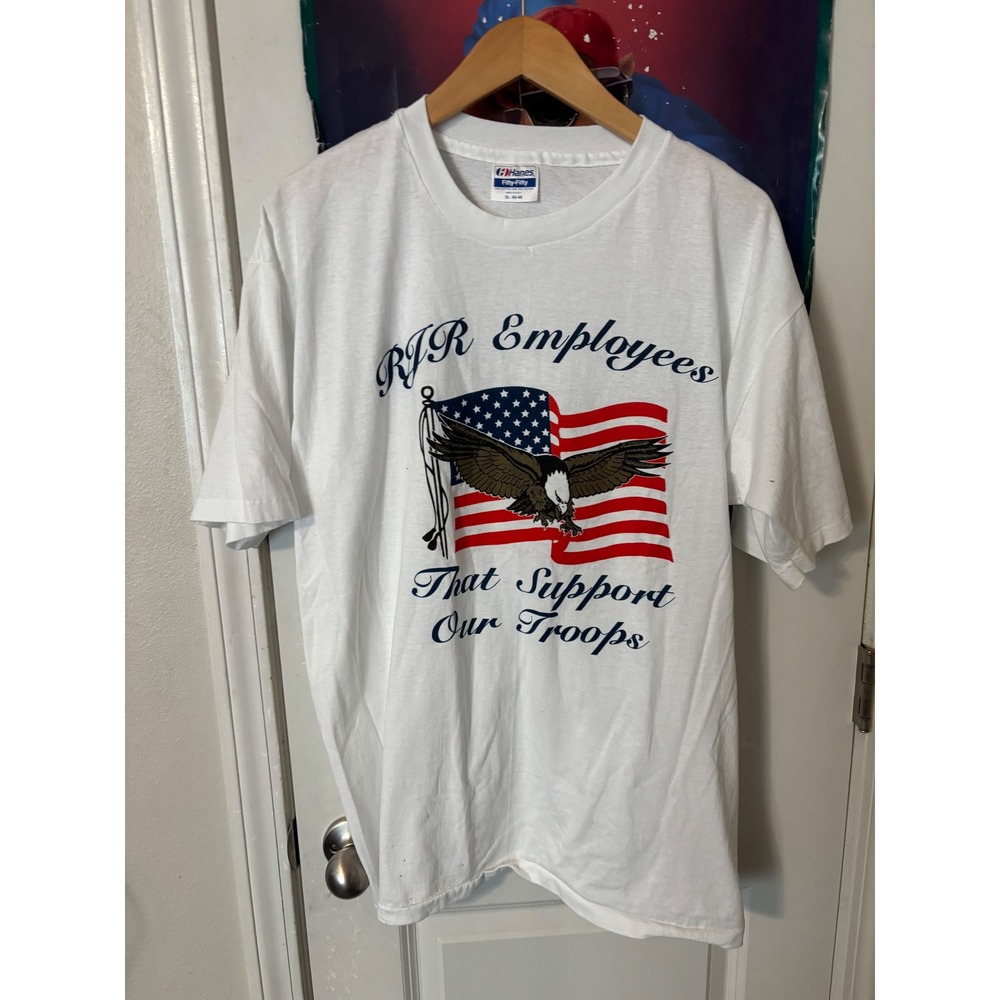 Vintage Hanes RJR Employees Support Our Troops Eagle T-Shirt XL White USA Made